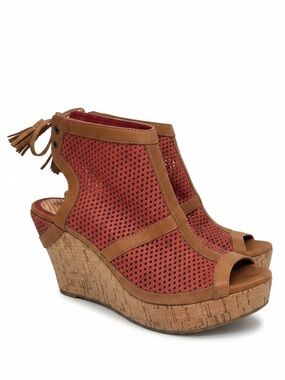 80%20 Red Perforated Leather 7.5 Tassels Tie Cork Wedge Sandals Shoes